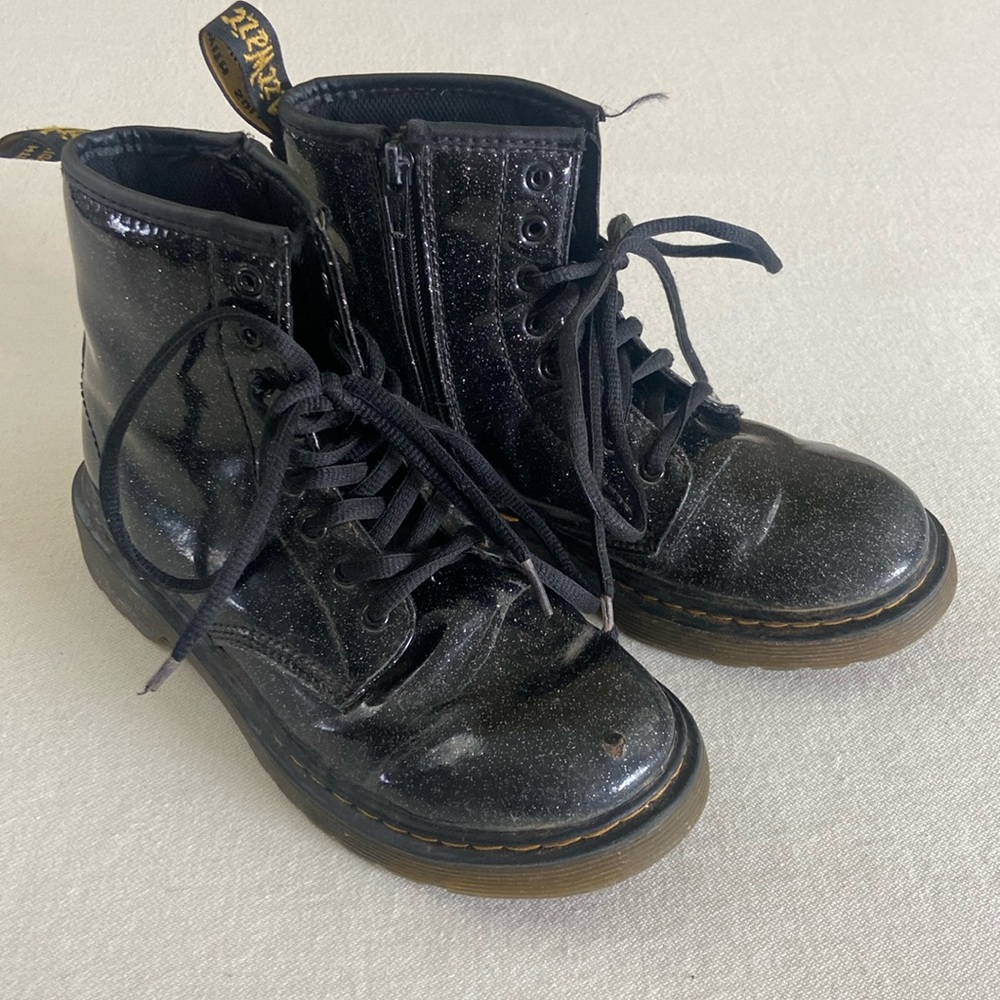 Girls 3 Dr. Marten black glitter boots
